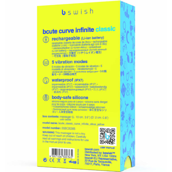 B SWISH - VIBRATEUR EN SILICONE RECHARGEABLE BCUTE CURVE INFINITE CLASSIC JAUNE-B SWISH-sextoys-lingerie-bdsm-hygiène-sexshop