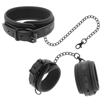 FETISH SUBMISSIVE - COLLIER ET MENOTTES EN CUIR VÉGAN AVEC DOUBLURE EN NOPRÈNE-FETISH SUBMISSIVE BONDAGE-sextoys-lingerie-bdsm-hygiène-sexshop