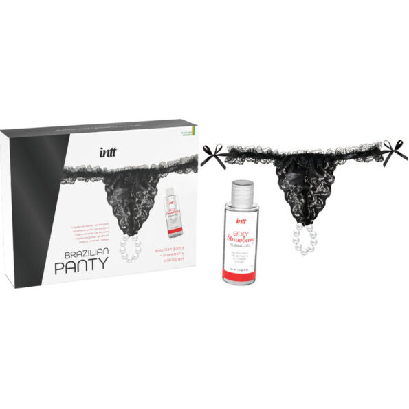 INTT RELEASES - CULOTTE BRÉSILIENNE NOIRE AVEC PERLES ET GEL LUBRIFIANT 50 ML-INTT RELEASES-sextoys-lingerie-bdsm-hygiène-sexshop