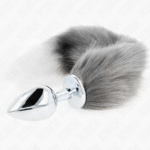 KINK – PLUG ANAL TAILLE L 10 X 4 CM AVEC QUEUE SYNTHÉTIQUE 40 CM GRIS ET BLANC