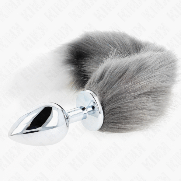 KINK - PLUG ANAL TAILLE L 10 X 4 CM AVEC QUEUE SYNTHÉTIQUE 40 CM GRIS ET BLANC-KINK PLEASURE PLUGS-sextoys-lingerie-bdsm-hygiène-sexshop