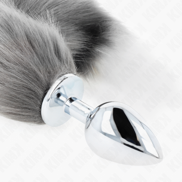 KINK - PLUG ANAL TAILLE L 10 X 4 CM AVEC QUEUE SYNTHÉTIQUE 40 CM GRIS ET BLANC-KINK PLEASURE PLUGS-sextoys-lingerie-bdsm-hygiène-sexshop