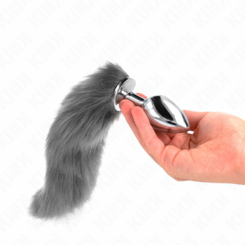 KINK - PLUG ANAL TAILLE L 10 X 4 CM AVEC QUEUE SYNTHÉTIQUE 40 CM GRIS ET BLANC-KINK PLEASURE PLUGS-sextoys-lingerie-bdsm-hygiène-sexshop