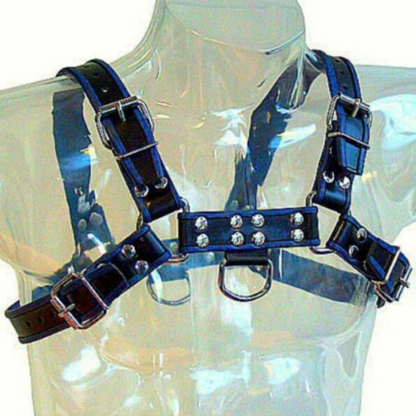 LEATHER BODY - HARNAIS EN CUIR BLEU ET NOIR POITRINE BULLDOG-LEATHER BODY-sextoys-lingerie-bdsm-hygiène-sexshop