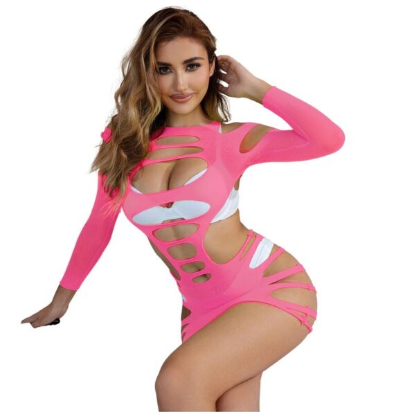 SUBBLIME - 952273 ROBE RÉSILLE ÉLASTIQUE MANCHES LONGUES ROSE TAILLE UNIQUE-SUBBLIME DRESSES-sextoys-lingerie-bdsm-hygiène-sexshop