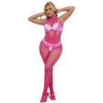 SUBBLIME – 952389 BODYSTOCKING RÉSILLE ET DENTELLE SANS FOURRURE AVEC COL MONTANT ROSE TAILLE UNIQUE