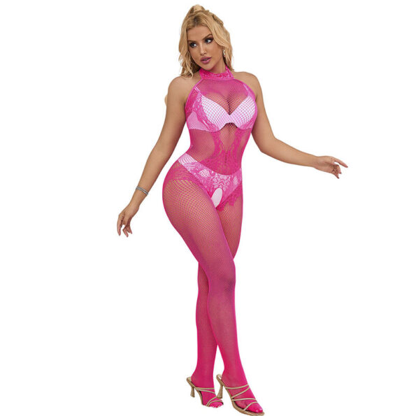 SUBBLIME - 952389 BODYSTOCKING RÉSILLE ET DENTELLE SANS FOURRURE AVEC COL MONTANT ROSE TAILLE UNIQUE-SUBBLIME BODYSTOCKINGS-sextoys-lingerie-bdsm-hygiène-sexshop
