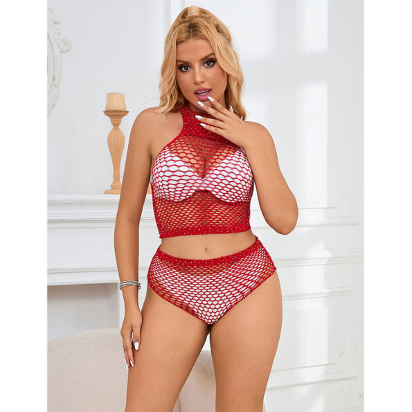 SUBBLIME - 952402 ENSEMBLE RESILLE AVEC LOSANGES ROSES TAILLE UNIQUE-SUBBLIME SETS-sextoys-lingerie-bdsm-hygiène-sexshop