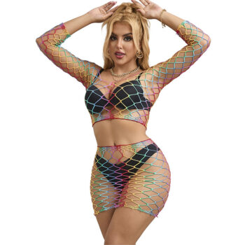 SUBBLIME - 952440 ENSEMBLE 2 PIÈCES RÉSEILLE MANCHES LONGUES ARC-EN-CIEL TAILLE UNIQUE-SUBBLIME SETS-sextoys-lingerie-bdsm-hygiène-sexshop