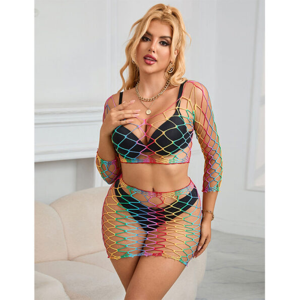 SUBBLIME - 952440 ENSEMBLE 2 PIÈCES RÉSEILLE MANCHES LONGUES ARC-EN-CIEL TAILLE UNIQUE-SUBBLIME SETS-sextoys-lingerie-bdsm-hygiène-sexshop