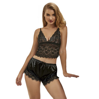 SUBBLIME - 953942 CHEMISE DE NUIT DÉCONTRACTÉE EN SOIE + PANTALON EN DENTELLE NOIR L/XL-SUBBLIME SETS-sextoys-lingerie-bdsm-hygiène-sexshop