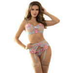 SUBBLIME – 954109 SOUTIEN-GORGE + CULOTTE AVEC PORTE-JARRETELLES MOTIF FLORAL BLEU S/M