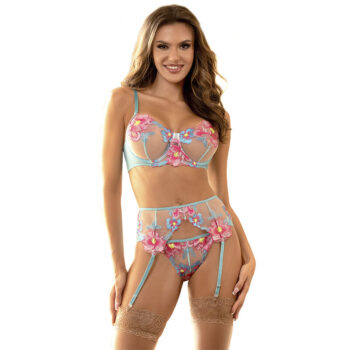 SUBBLIME - 954109 SOUTIEN-GORGE + CULOTTE AVEC PORTE-JARRETELLES MOTIF FLORAL BLEU S/M-SUBBLIME SETS-sextoys-lingerie-bdsm-hygiène-sexshop