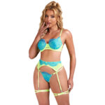 SUBBLIME – 955311 ENSEMBLE SOUTIEN-GORGE AVEC LIGNES DENTELLE ET JARRETELLE VERT ET BLEU S/M