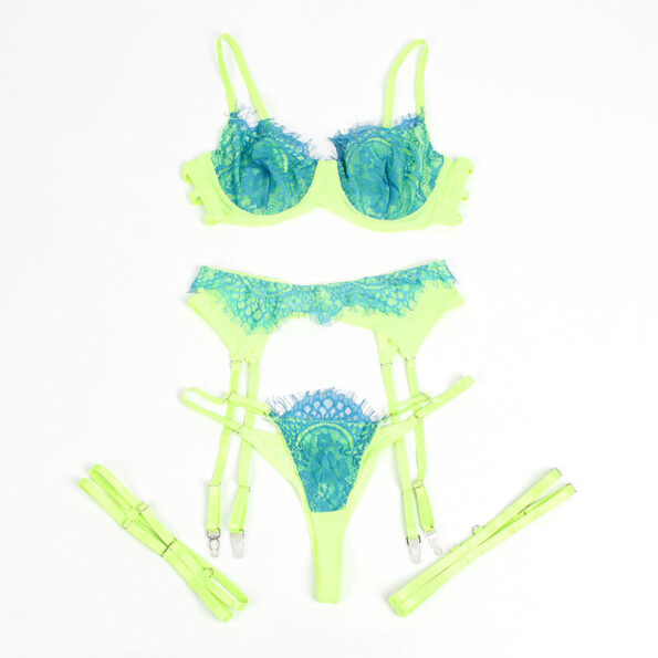 SUBBLIME - 955311 ENSEMBLE SOUTIEN-GORGE AVEC LIGNES DENTELLE ET JARRETELLE VERT ET BLEU S/M-SUBBLIME SETS-sextoys-lingerie-bdsm-hygiène-sexshop