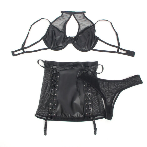 SUBBLIME - 957582 ENSEMBLE SOUTIEN-GORGE ET JUPE EN CUIR NOIR S/M-SUBBLIME SETS-sextoys-lingerie-bdsm-hygiène-sexshop