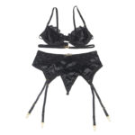 SUBBLIME – ENSEMBLE 3 PIÈCES SOUTIEN-GORGE + STRING + JARRETIÈRE DENTELLE NOIR S/M