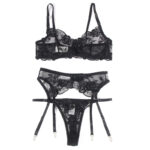 SUBBLIME – ENSEMBLE 3 PIÈCES SOUTIEN-GORGE + STRING + JARRETIÈRE IMPRIMÉ FLORAL NOIR S/M