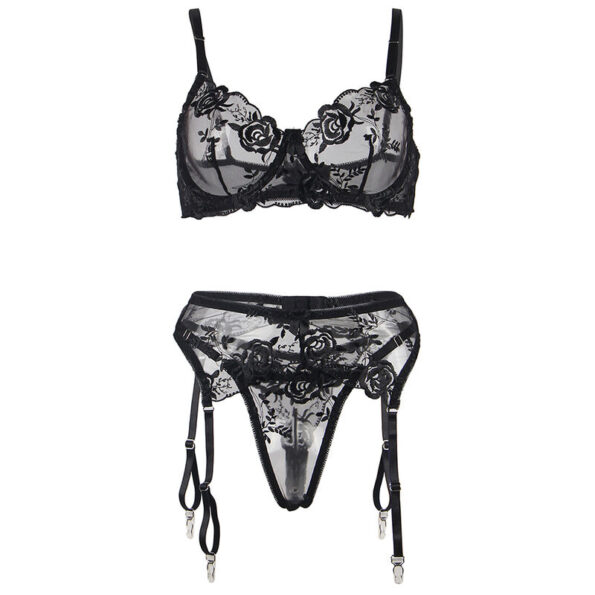 SUBBLIME - ENSEMBLE 3 PIÈCES SOUTIEN-GORGE + STRING + JARRETIÈRE IMPRIMÉ FLORAL NOIR S/M-SUBBLIME SETS-sextoys-lingerie-bdsm-hygiène-sexshop