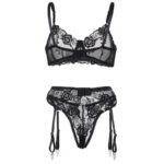 SUBBLIME – ENSEMBLE 3 PIÈCES SOUTIEN-GORGE + STRING + JARRETIÈRE IMPRIMÉ FLORAL NOIR S/M