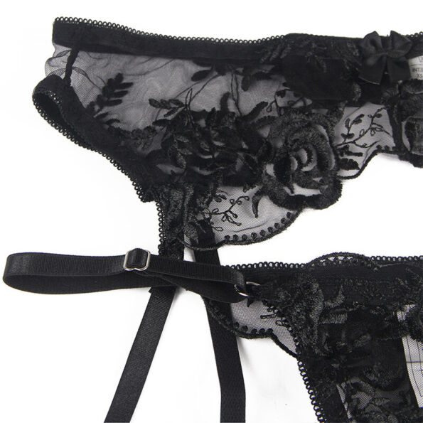 SUBBLIME - ENSEMBLE 3 PIÈCES SOUTIEN-GORGE + STRING + JARRETIÈRE IMPRIMÉ FLORAL NOIR S/M-SUBBLIME SETS-sextoys-lingerie-bdsm-hygiène-sexshop