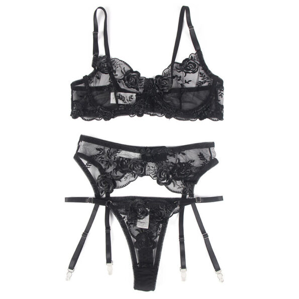 SUBBLIME - LOT 3 PIÈCES SOUTIEN-GORGE + STRING + JARRETIÈRE IMPRIMÉ FLORAL NOIR L/XL-SUBBLIME SETS-sextoys-lingerie-bdsm-hygiène-sexshop