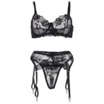 SUBBLIME – LOT 3 PIÈCES SOUTIEN-GORGE + STRING + JARRETIÈRE IMPRIMÉ FLORAL NOIR L/XL