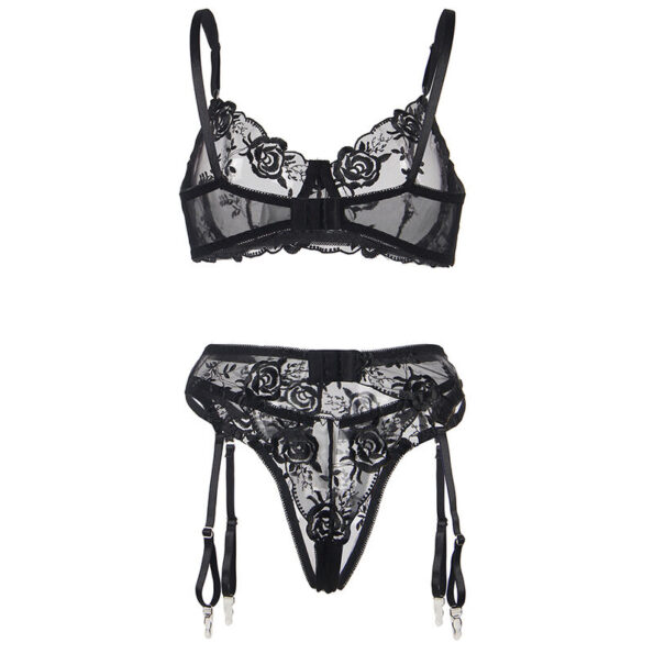 SUBBLIME - LOT 3 PIÈCES SOUTIEN-GORGE + STRING + JARRETIÈRE IMPRIMÉ FLORAL NOIR L/XL-SUBBLIME SETS-sextoys-lingerie-bdsm-hygiène-sexshop
